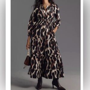 Anthropologie Somerset Poplin Edition Leopard Print Tiered Boho Maxi Dress sz S